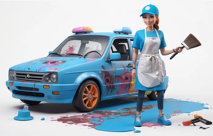 Woman Painting Car Modern 3D Character Design Illustration